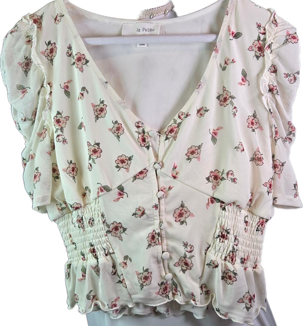 La Peche Pink Floral Peplum Crop Top Jr Sm Cottage Coquette Garden Fairy Whimsy